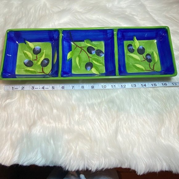 214 West Rectangle Relish Dish Stunning Green And Blue With Black Olive Ceramic - Picture 1 of 10